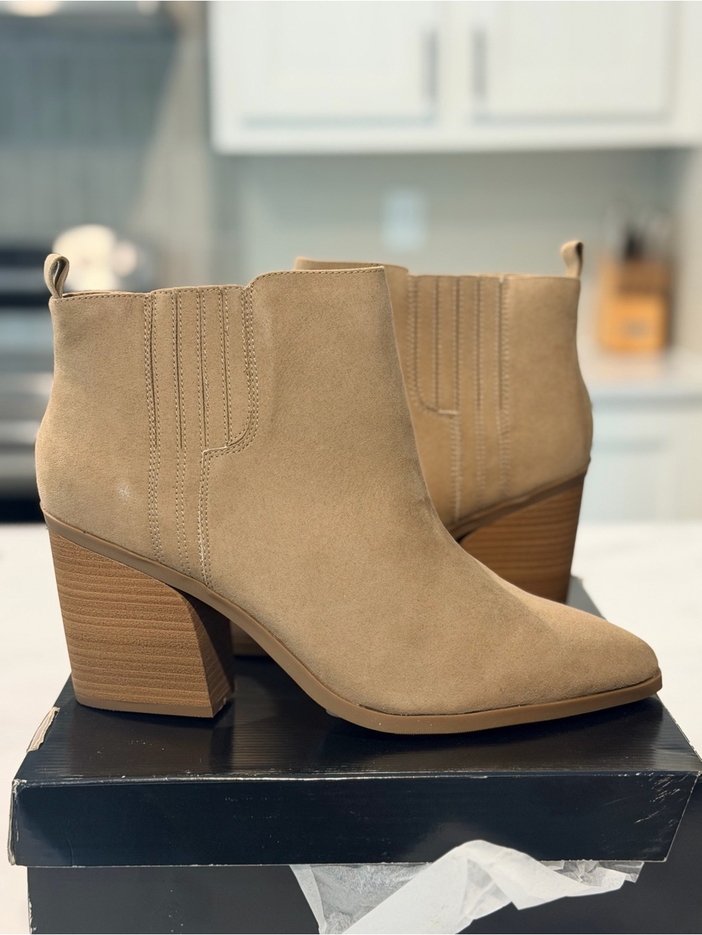 Women's Tan Suede Ankle Bootie with Block Heel